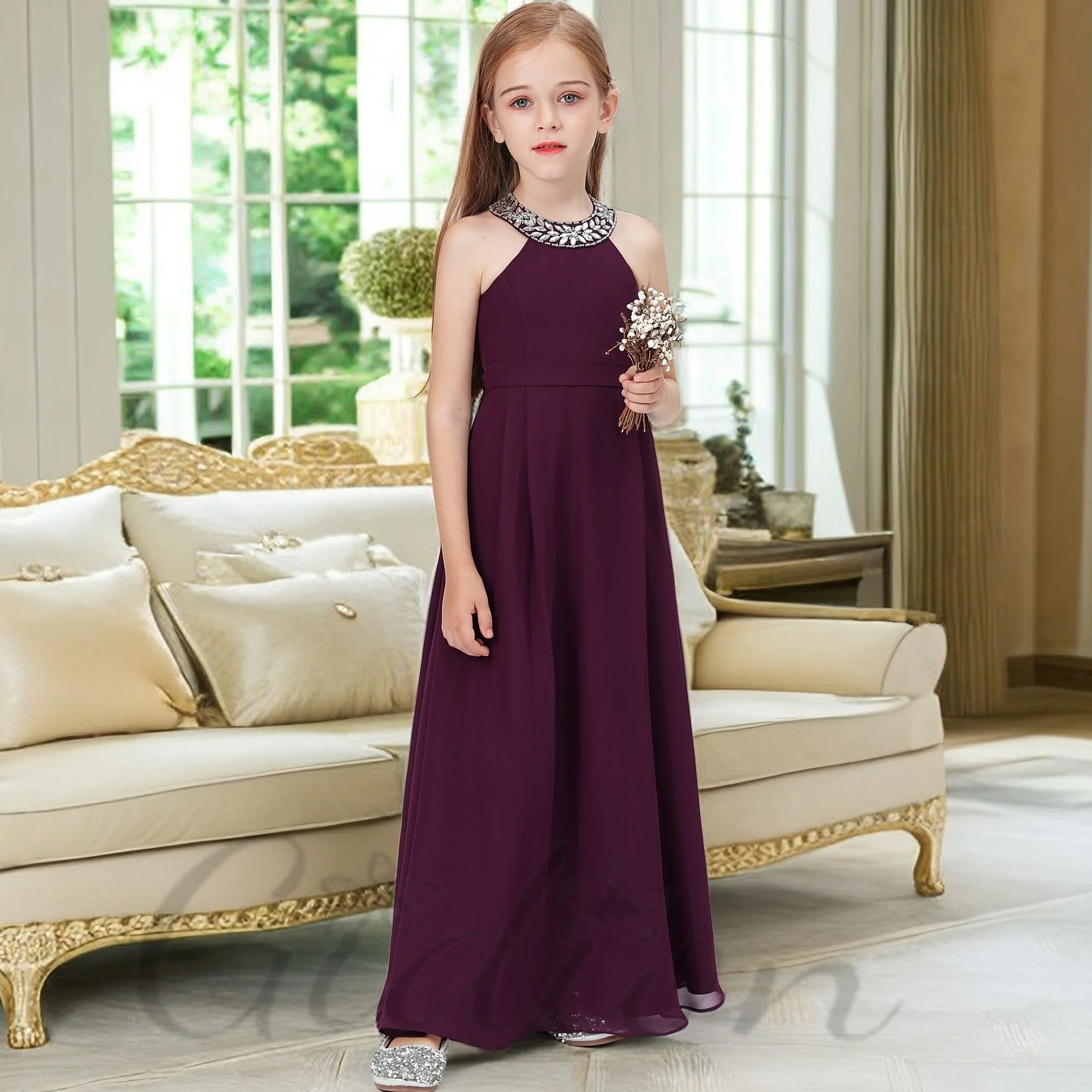 Robe de Demoiselle d'Honneur en Mousseline de Soie, Longueur au Sol, Ligne A, pour Enfant, Soirée, Anniversaire, Cérémonie, Bal, Concours, Bal