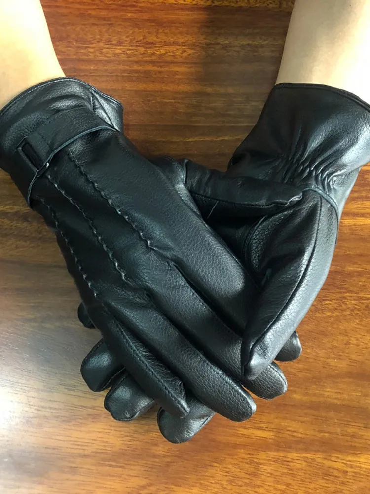 Men Winter Warm Fleece Liner Genuine Leather Motorcycle Riding Gloves Wear-Resisting Real Goatskin Driving Mittens Wrist Gloves