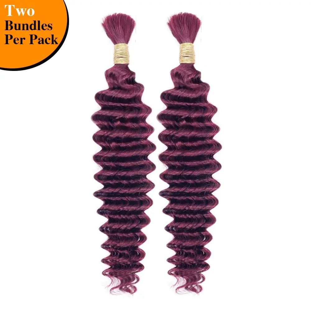 Extensions de Cheveux Humains Tressés sans Trame, Deep Wave, Bordeaux # 99J, Deep 100% Brut, Natif Brésilien, Deux Mèches, 100g