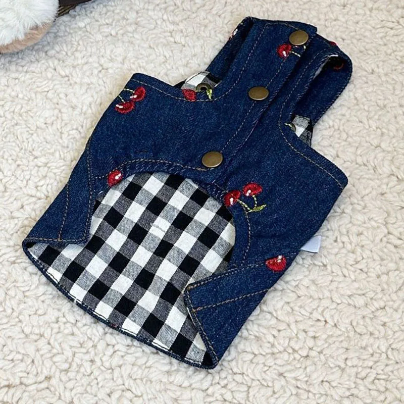 Blue Denim Dog Dress Cherry Pattern Dog Clothes Cowboy Strap Skirt Puppy Coat Dresses For Small Dogs Chihuahua Pet Apparel XS-XL