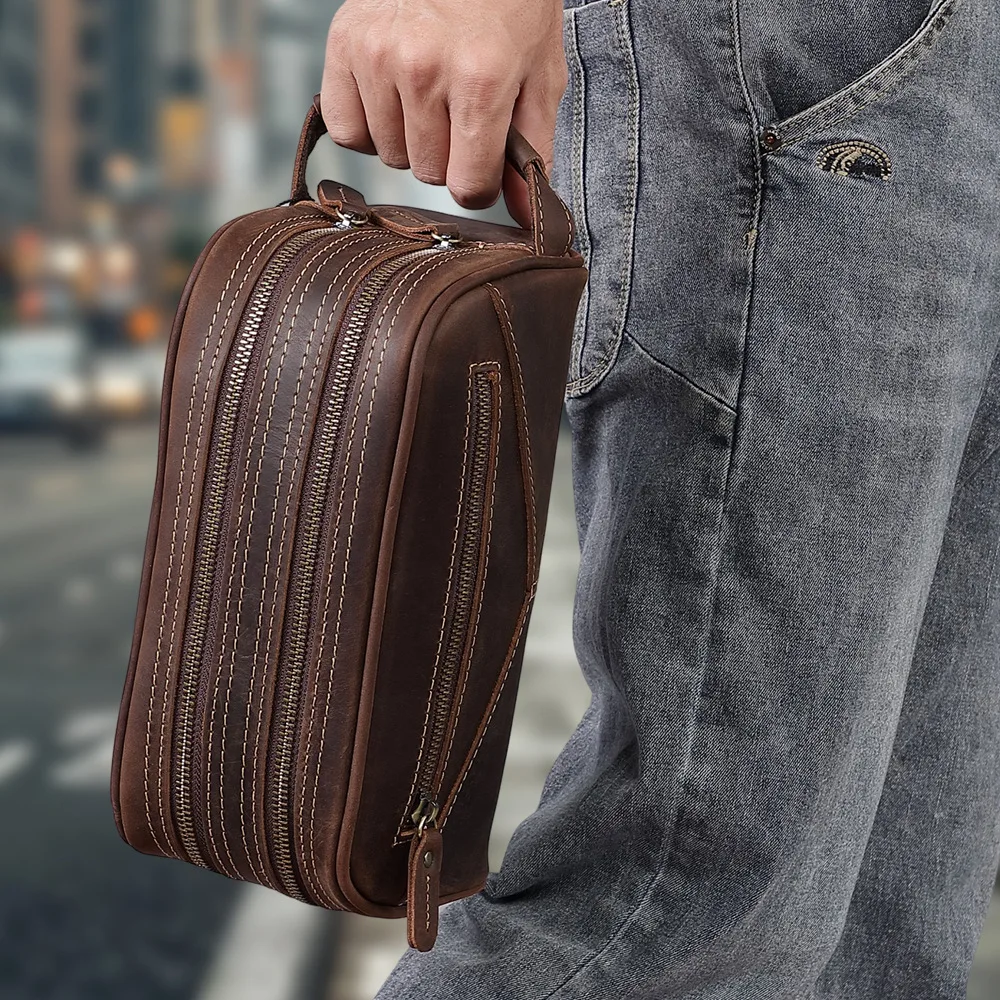 

YL-610 Мужская кожаная дорожная сумка Crazy Horse для ухода за воловой кожей в стиле ретро с двухслойной молнией из воловьей кожи