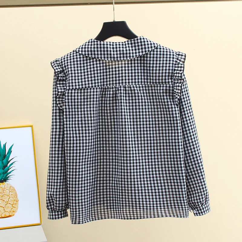 Grid shirt Women's Long Sleeved Spring Autumn New Korean Version Student Loose Fashion Doll Collar Blouse French Lace Splice Top