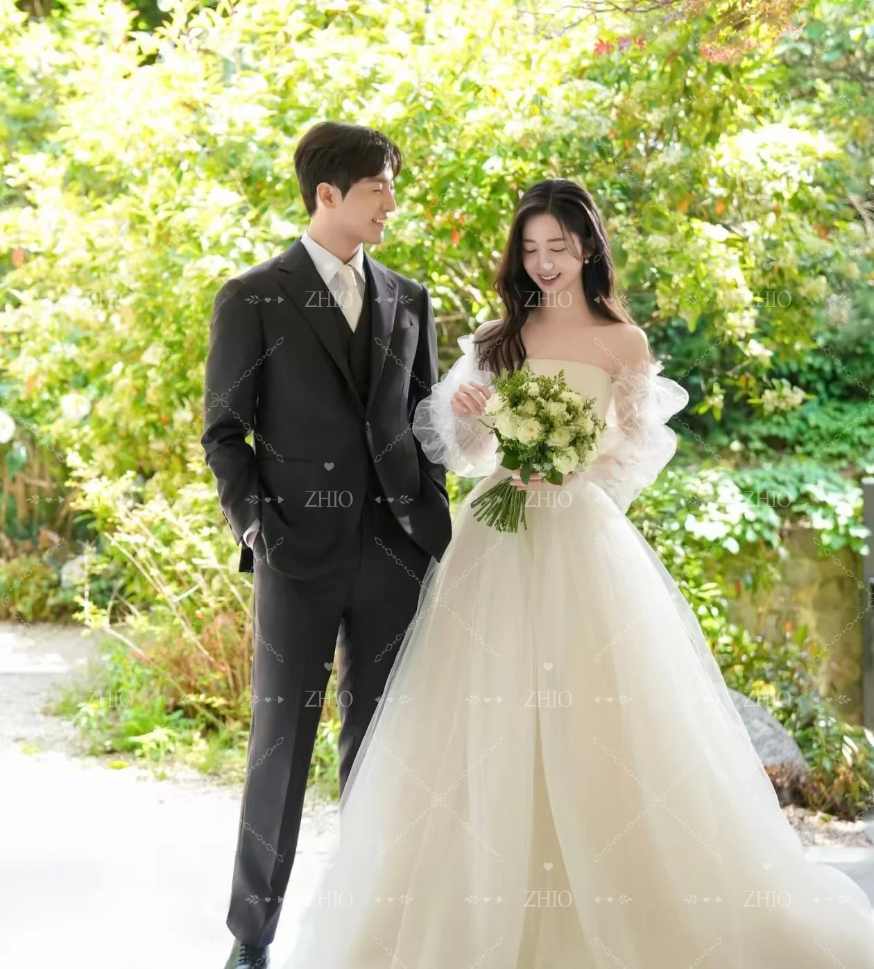 ZHIO Fairy Ivory Tulle Wedding Dress Ruched Remove Sleeves A-Line Korea Photo Shoot Bridal Reception Gown Customized 저녁 드레스