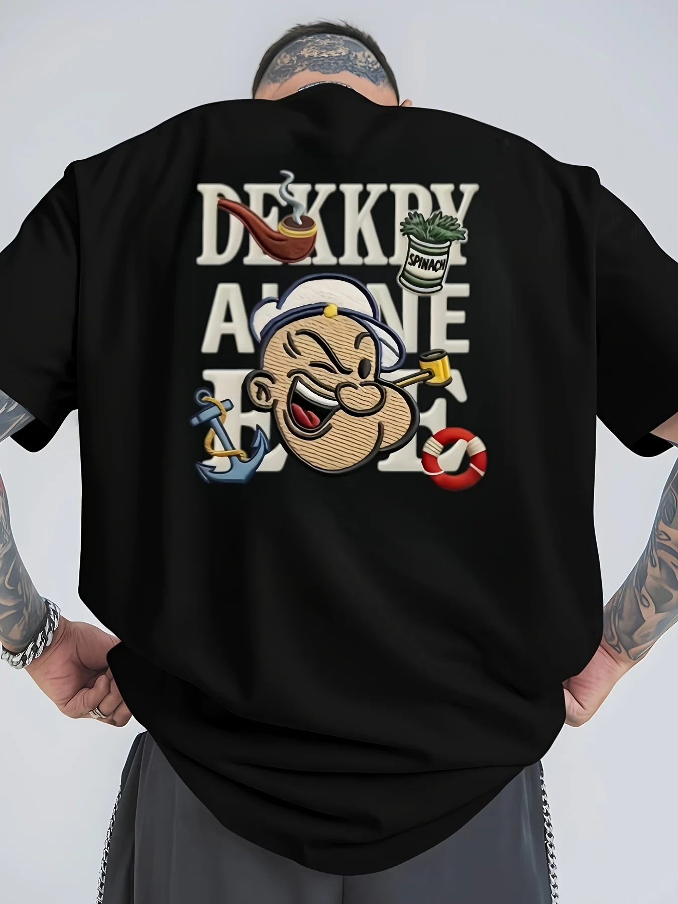 Popeye Fun Printed Men's T-shirt American Retro Cartoon Back Printed Loose Short Sleeved Top