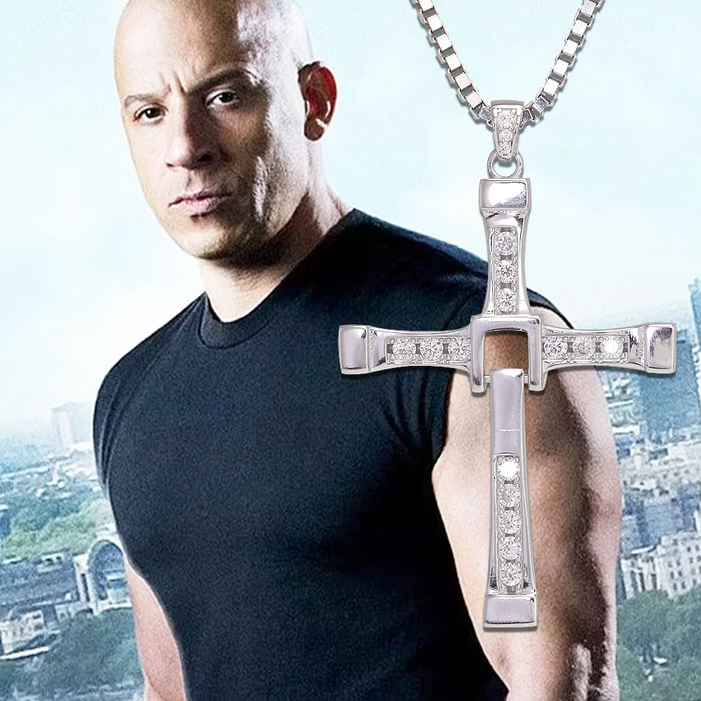 Fast and Furious Necklace 925 Sterling Silver Jesus Cross Pendant Chain Inlaid Zircon Rotatable Celebrity Vin Diesel Jewelry