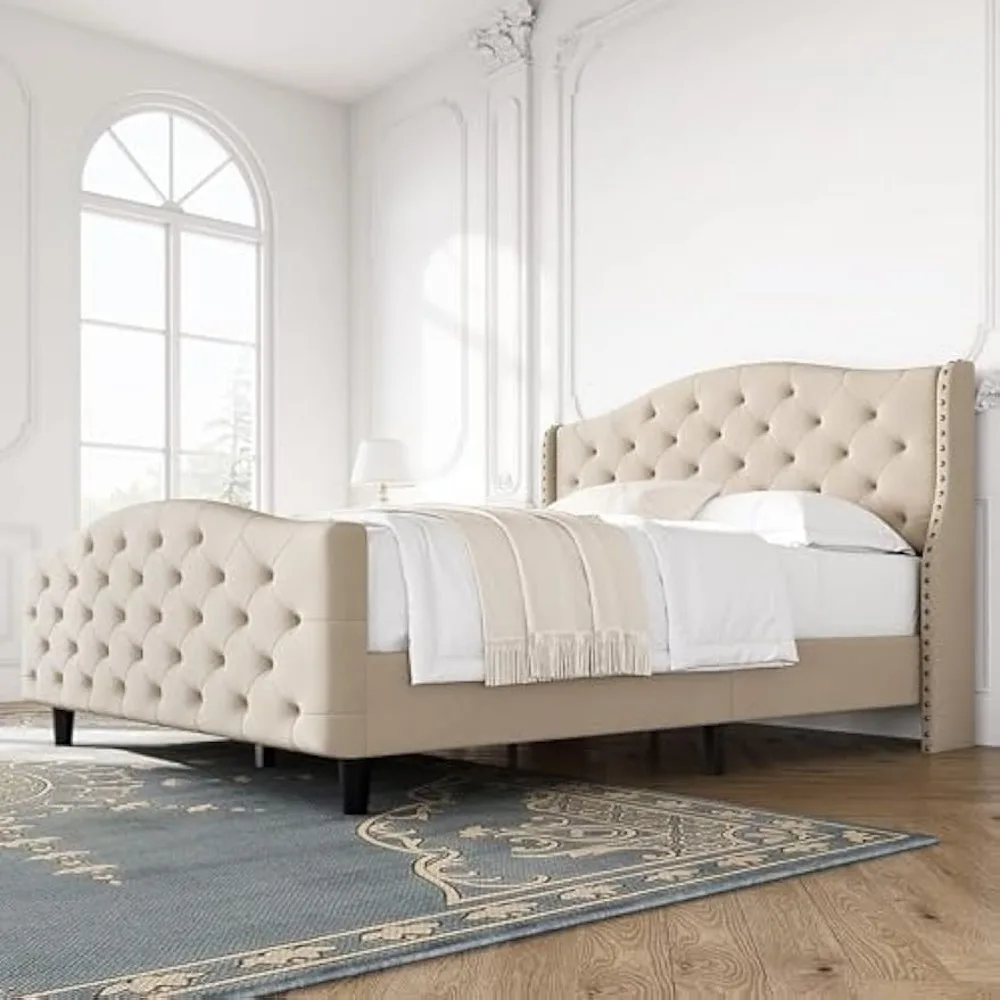 Queen Size Bed Frame with Headboard,  Queen Bed Frame with Headboard and Footboard, Upholstered Platform Bed image 6