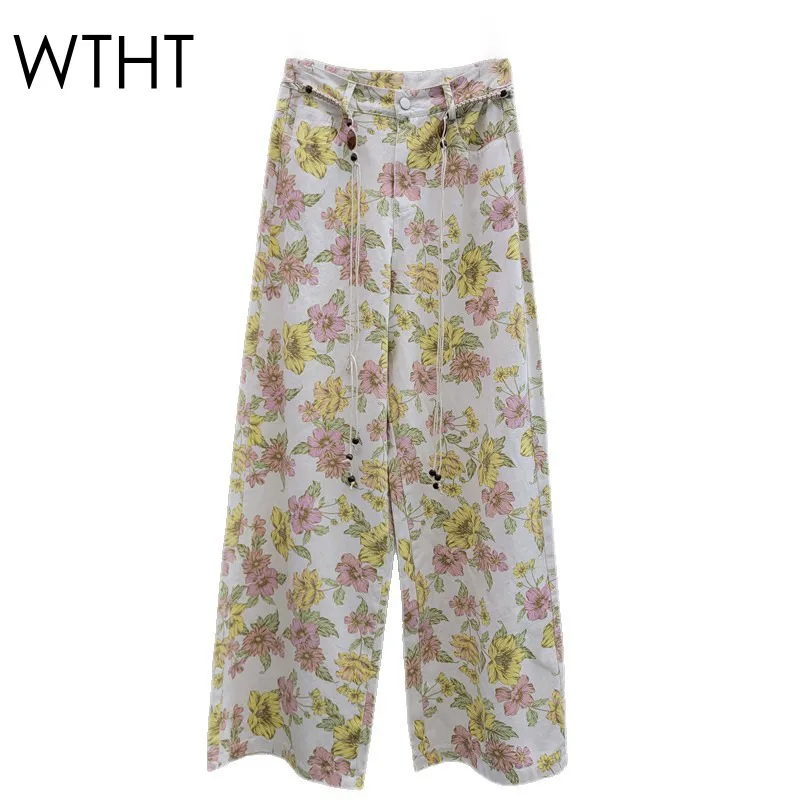 

WTHT New Fashion Women's Contrast Color Flower Print Straight Jeans 2025 Summer High Waist Wide Leg Denim Pants Female 1LS1949