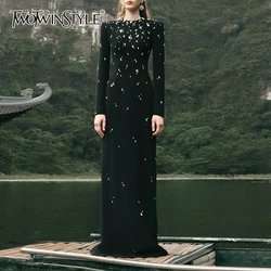 TWOTWINSTYLE Patchwork Diamonds Dress For Women Round Neck Long Sleeve High Waist Slimming Formal Dresses Female Fashion Style