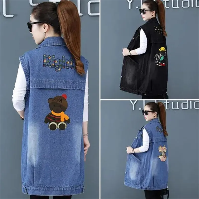 Women Long Denim Vest Coat Spring Autumn Retro Big Pocket Loose Sleeveless Jacket Large Size Female Jeans Windbreaker Waistcoat