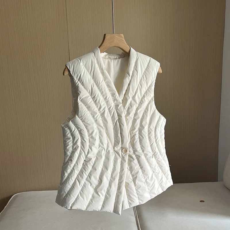 Herbst Winter V-ausschnitt Weiße Ente Unten Ärmellose Weste Weibliche Warme Spitze Up Stepp Weste Mantel Gestrickte Spleißen Unten Weste Frauen