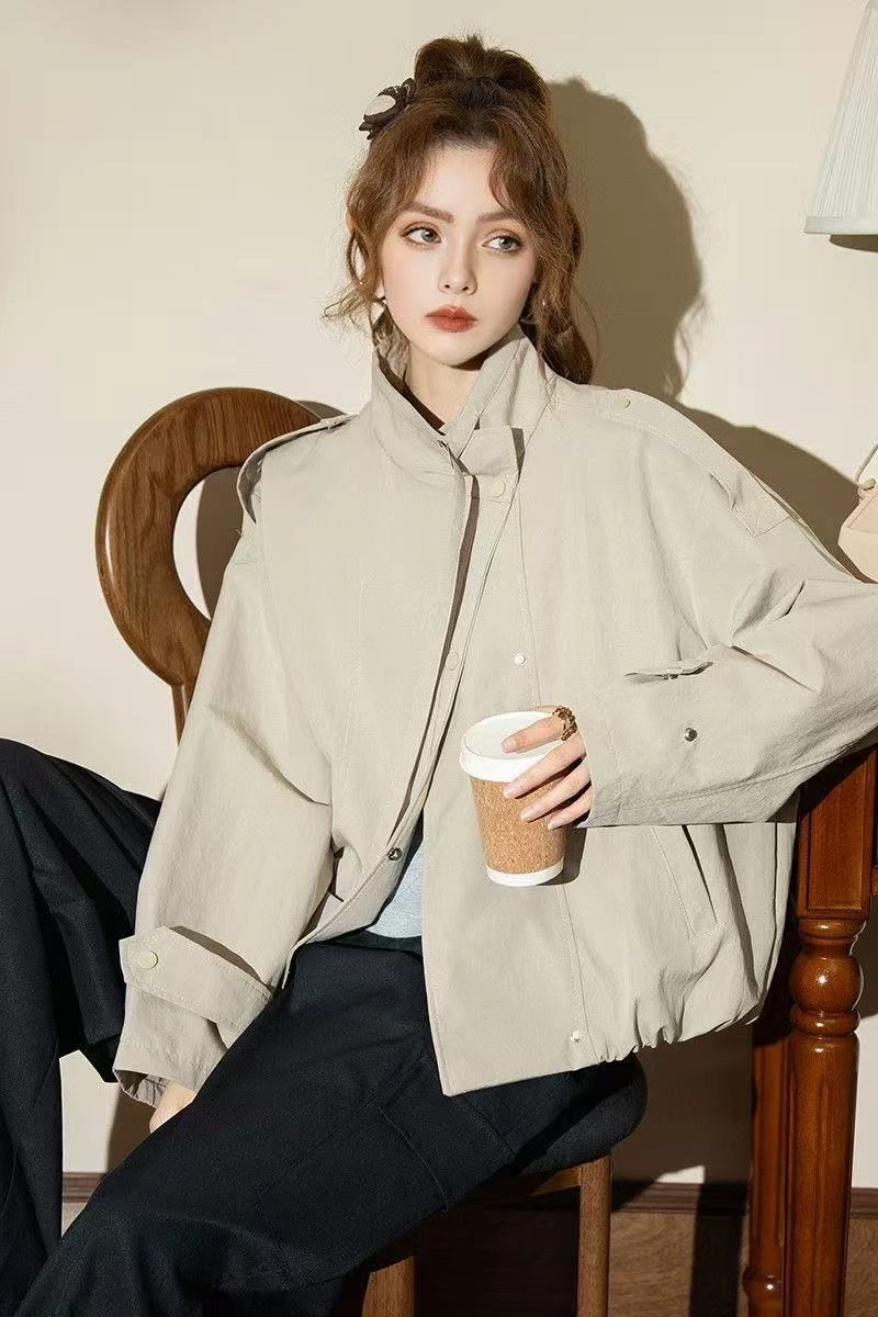 

Spring/Summer New Women's Windbreaker Jacket Loose Stand Up Collar Short Jacket