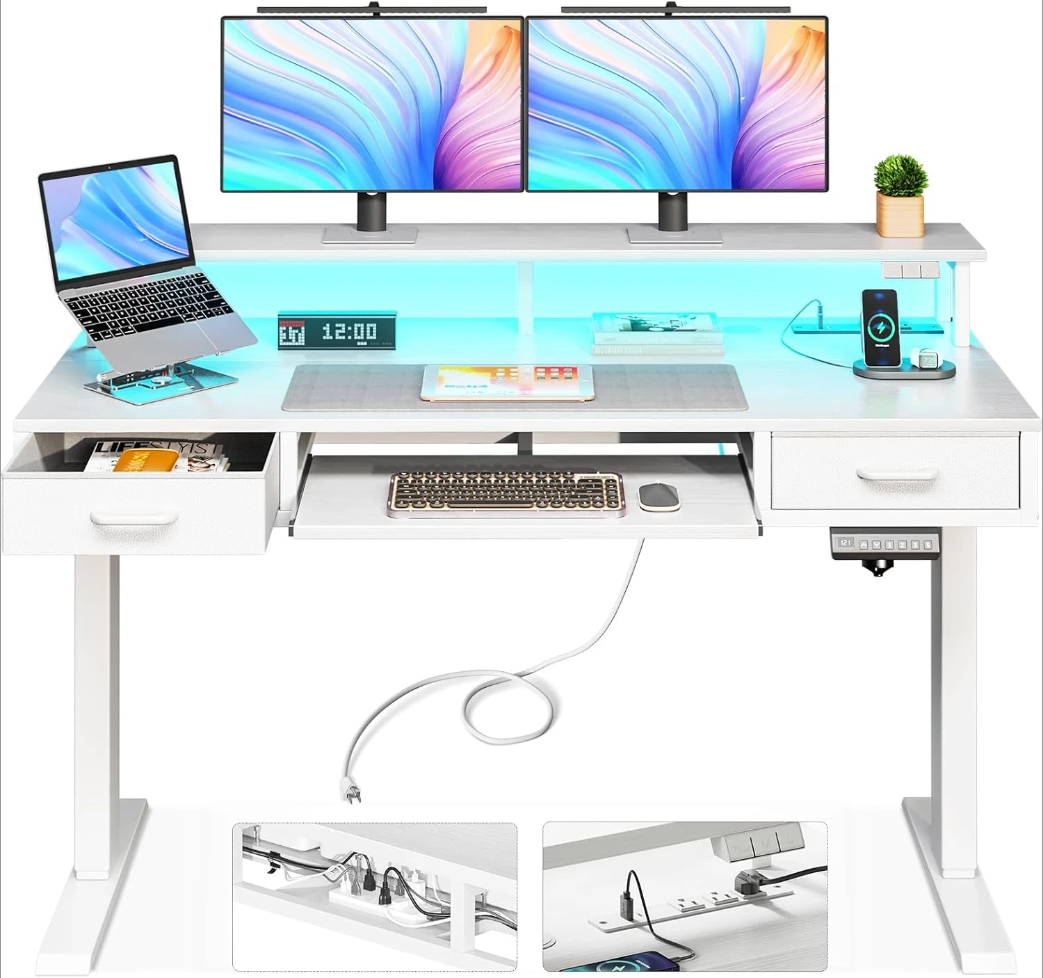 Electric standing table with drawers and keyboard tray, 47 inch high adjustable small table with power socket and LED lights