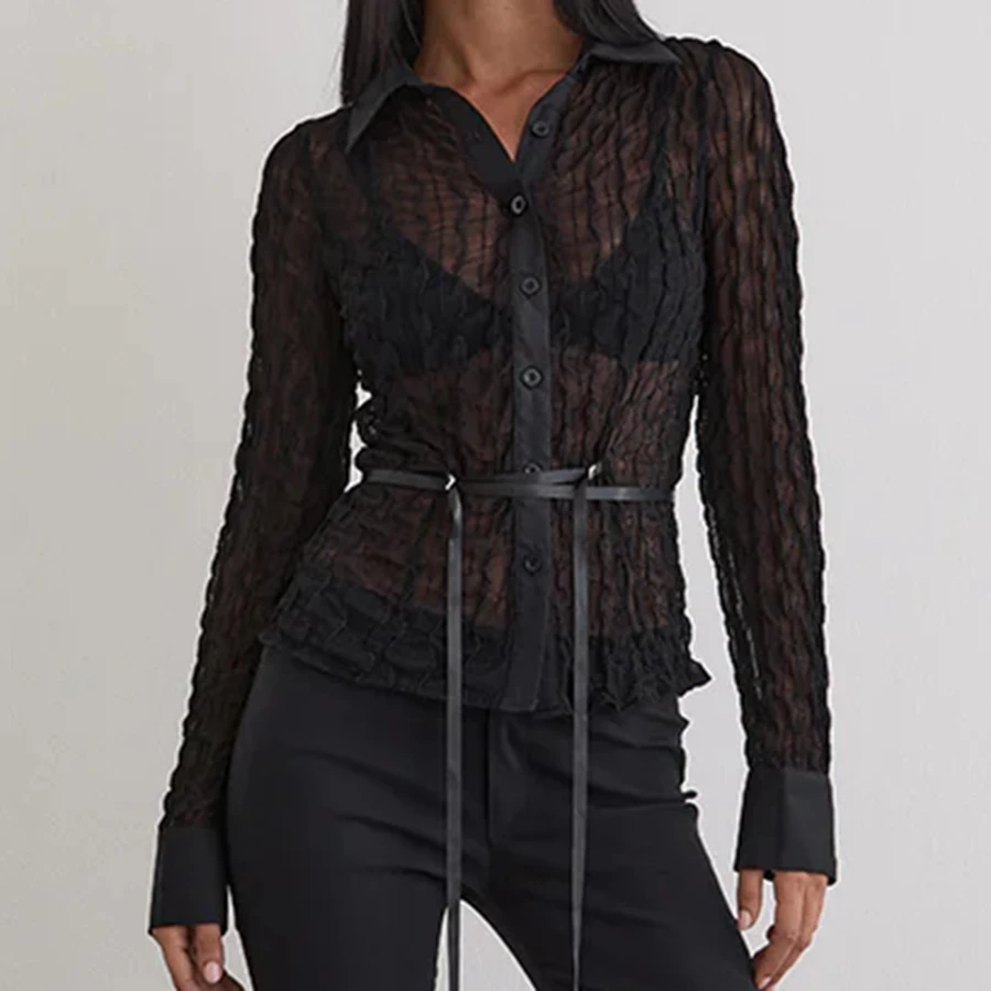 

Женская кружевная прозрачная сексуальная рубашка, рубашка с длинным рукавом на пуговицах, однотонные/полосатые осенние прозрачные топы, клубная одежда