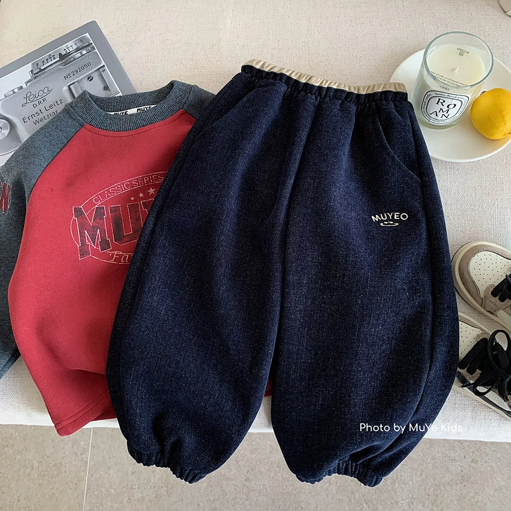 

Kids Baby Boys Jeans New Winter Letter Embroidery Thicken Warm Toddler Boys Demin Pant Elastic Waist Infant Boys Jogger Pant