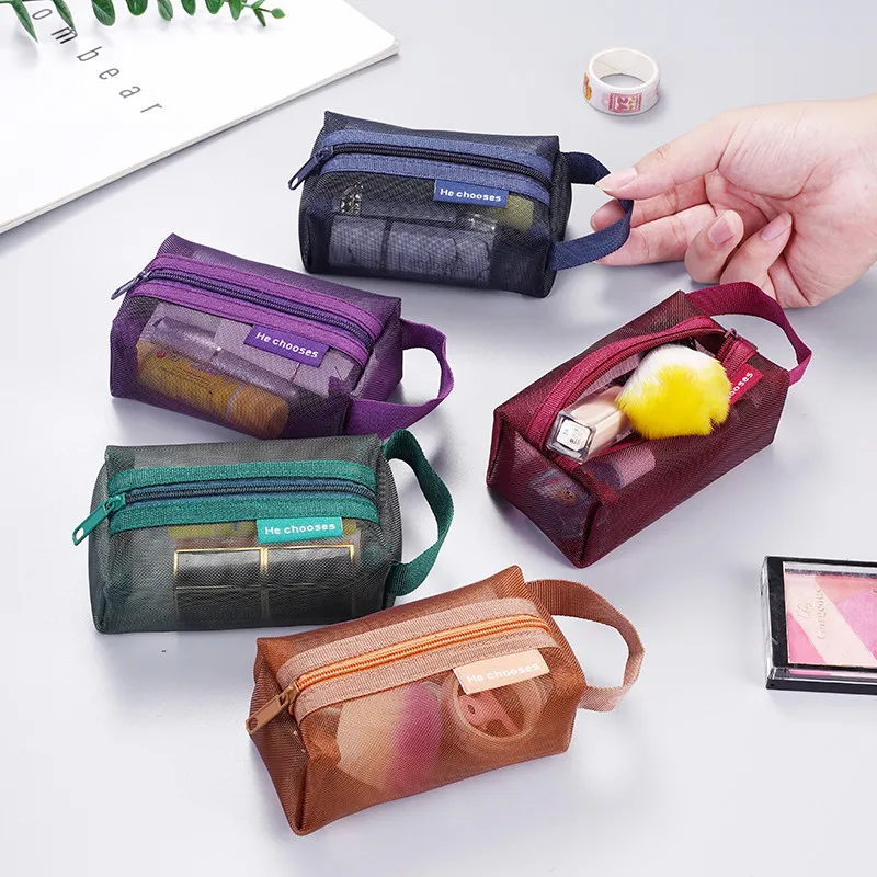 Tempat pensil persegi nilon Mesh pena tas koin dompet kantong kapasitas besar kunci lipstik Earphone Organizer kartu membuat tas