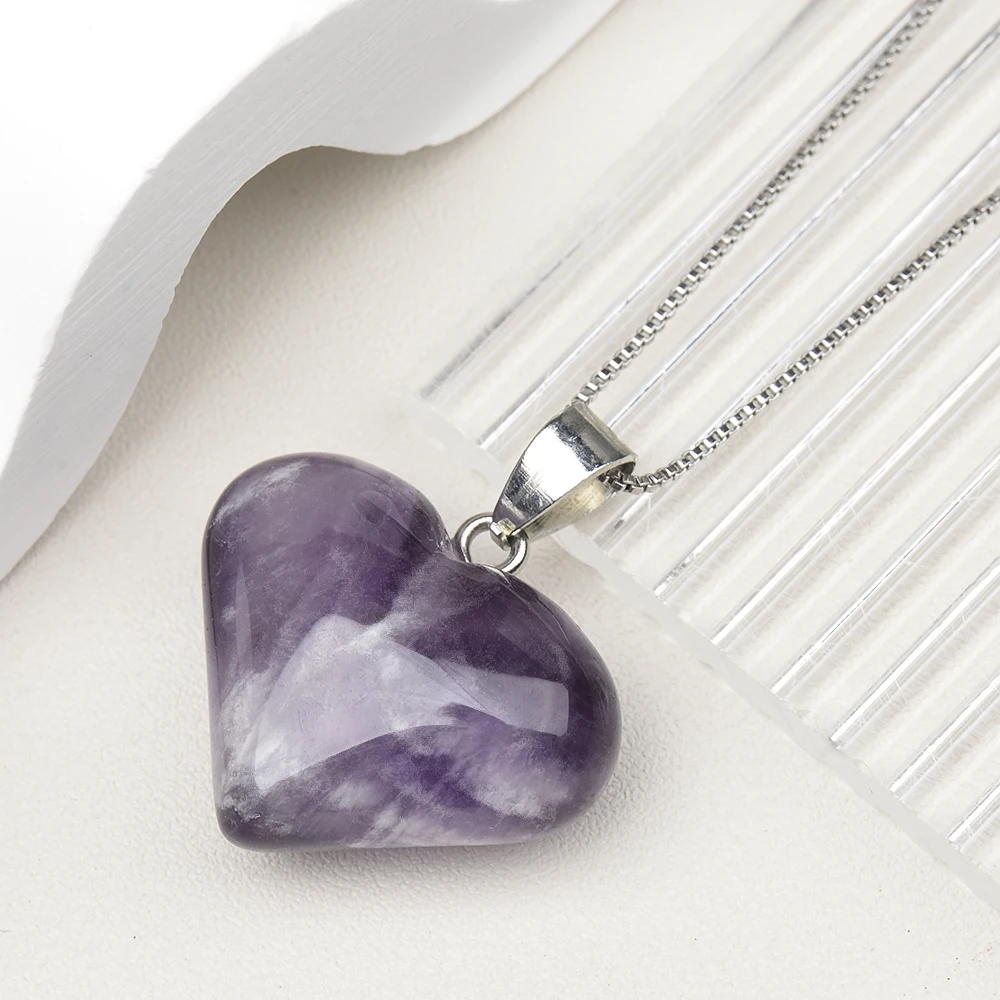 Semi-Precious Gemstone Love Heart Shaped Natural Stone Pendants Tiger Eye Amethyst Agate DIY Necklace Jewelry