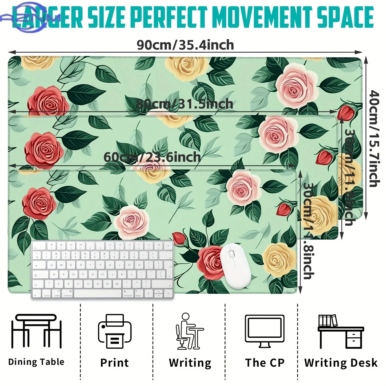Large Floral Rose Desk Mat - Non-Slip Rubber Gaming Mouse Pad & Office Keyboard Pad, Vibrant Green with Pink & Red Roses Design,