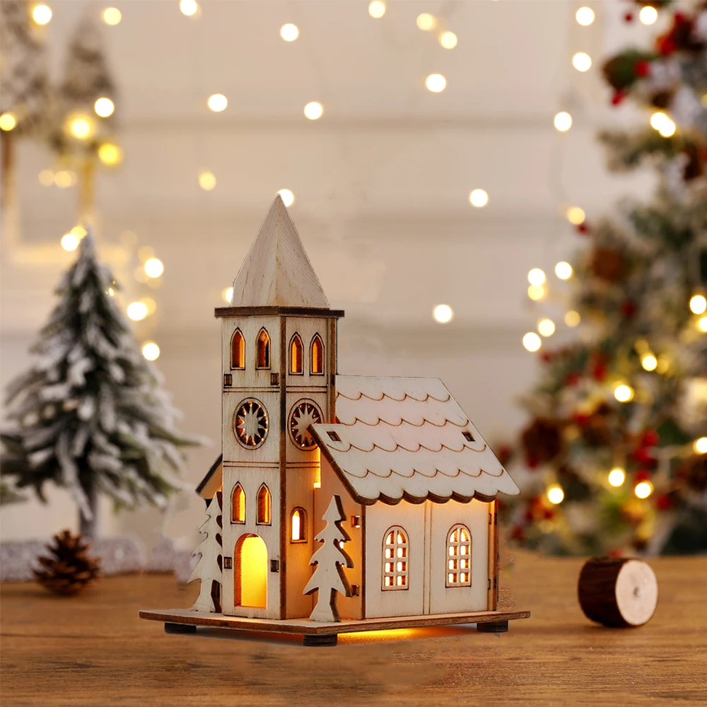 LED Glowing DIY Christmas Wooden House Christmas Village for Home DIY Xmas Tree Ornaments New Year Decorations 2023 Navidad Noel