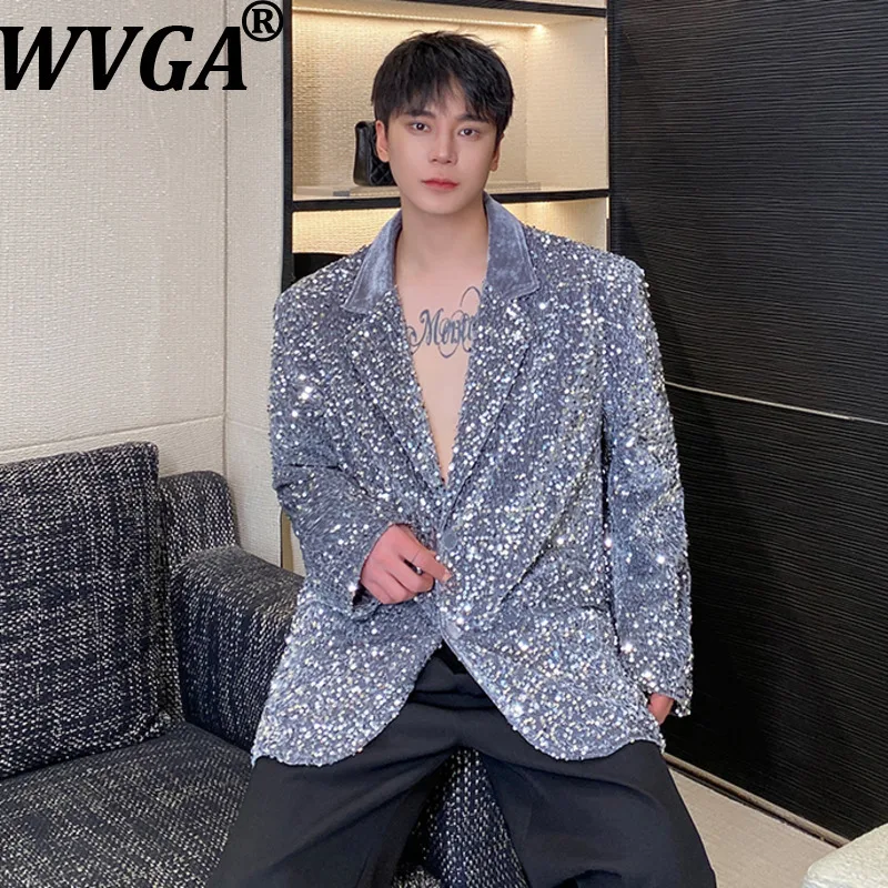 

WVGA Spring Autumn New Men Tide Sequi Padded Shoulder Trendy Blazers Niche Chic Casual Turn-Down Collars Suit Jackets Ins W16217
