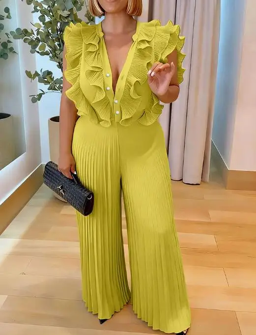 Mode Dames Zomer Nieuwe V-hals Ruche Rand Decoratie Hoge taille Mouwloos Geplooid Wijde pijpen Jumpsuit Geschikt voor banketten