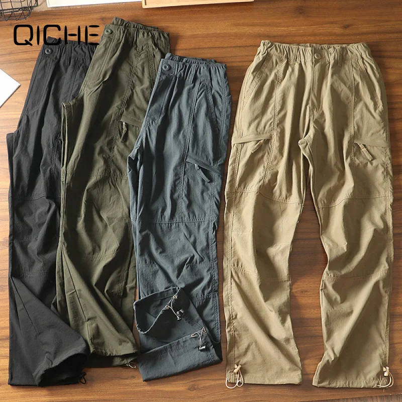 QICHE Men Summer Outdoor Cargo Pants Loose Straight‑Cut Quick Dry Hiking Trousers American‑Style Water‑Resistant Trekking Pants
