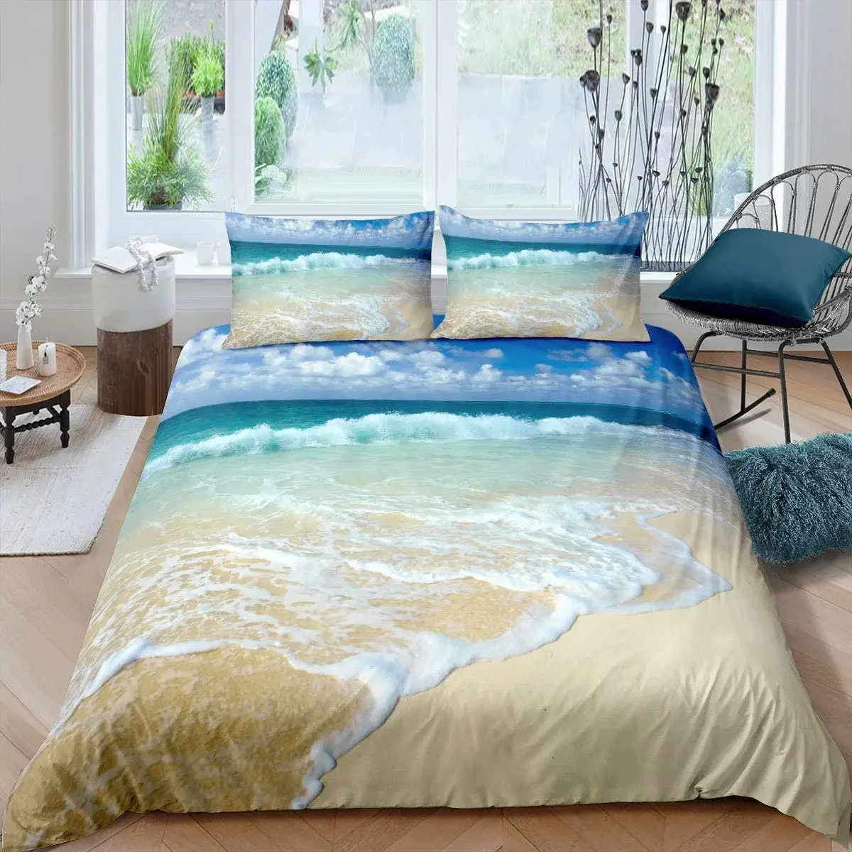 Ocean Wave Duvet Cover Set Beach with Foamy Waves Twin Bedding Set Polyester Sea Shore Holiday Theme Queen King Size Quilt Cover