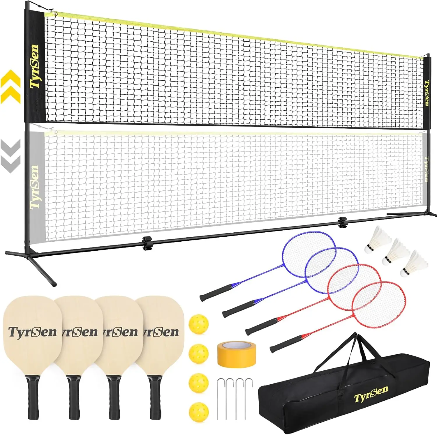 

Pickleball Badminton Net Set, 17FT Adjustable Heights All-in-One Net w/4 Pickleball Paddles 4 Badminton Rackets, Freest