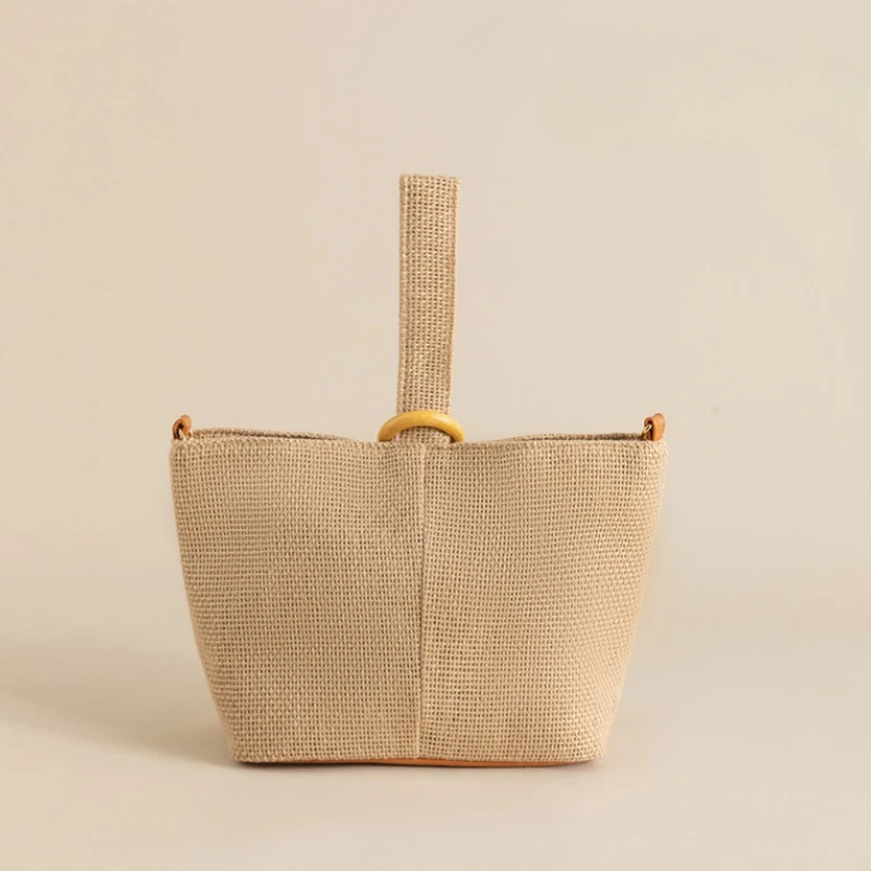 Ethnic Style Vintage Linen Bucket Bag for Women 2024 Summer Seaside Vacation Bohemian Beach Bag Female Casual Top-Handle Bag