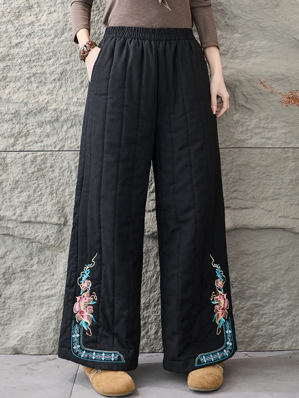 

Повседневные брюки с высокой талией, вышитые, на хлопковой подкладке, теплые, расклешенные, для женщин среднего и старшего возраста, осенне-зимняя одежда