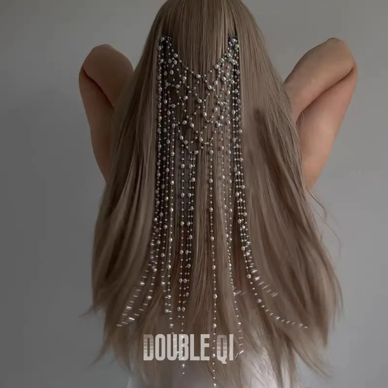 Light luxury tassel comb temperament imitation pearl hair chain ball bride accessories hair accessories