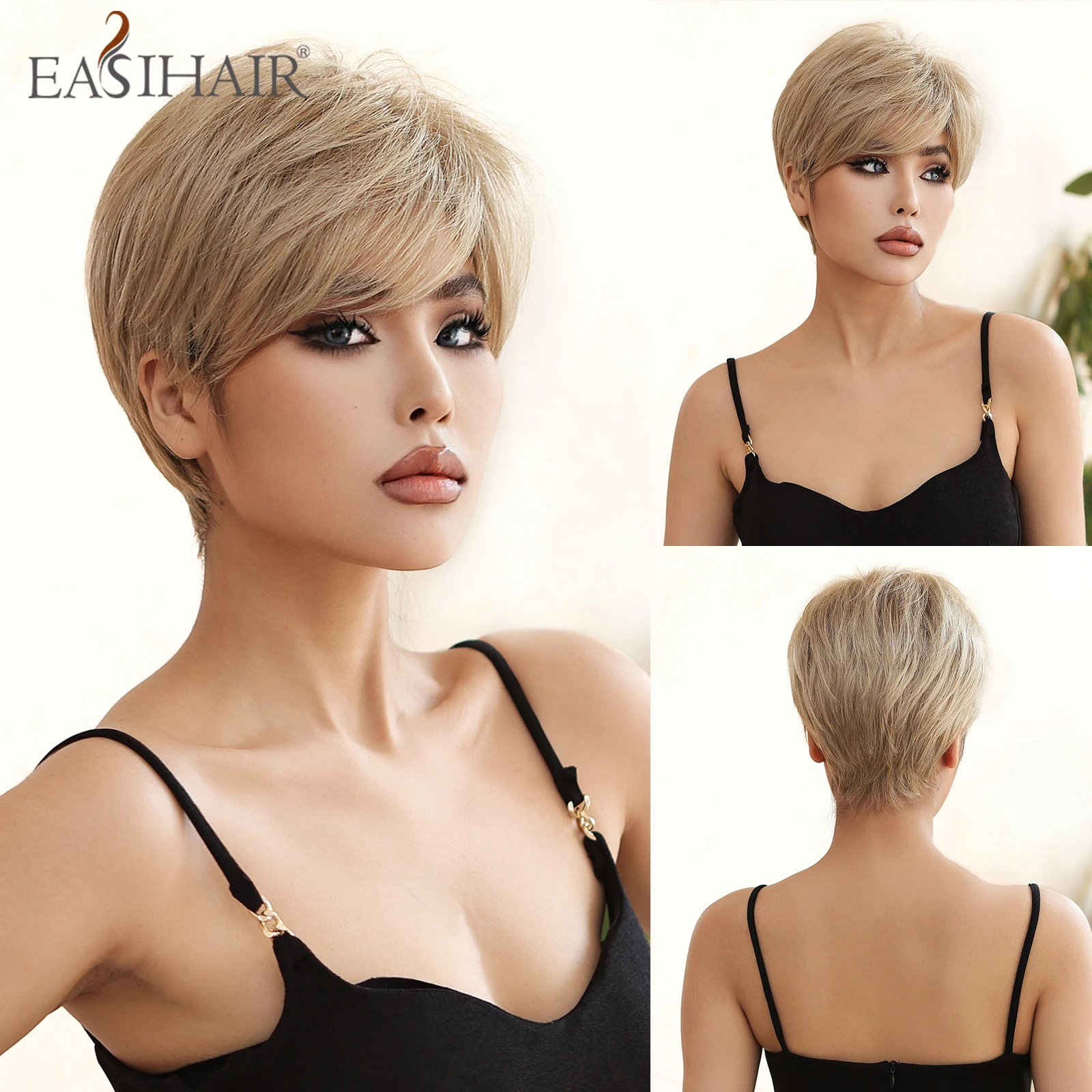 

EASIHAIR, короткие, светлые, синтетические парики, пушистые, Pixie Cut, натуральные волосы, парик для женщин, светильник, золотой, Повседневный, косплей, парик, термостойкий