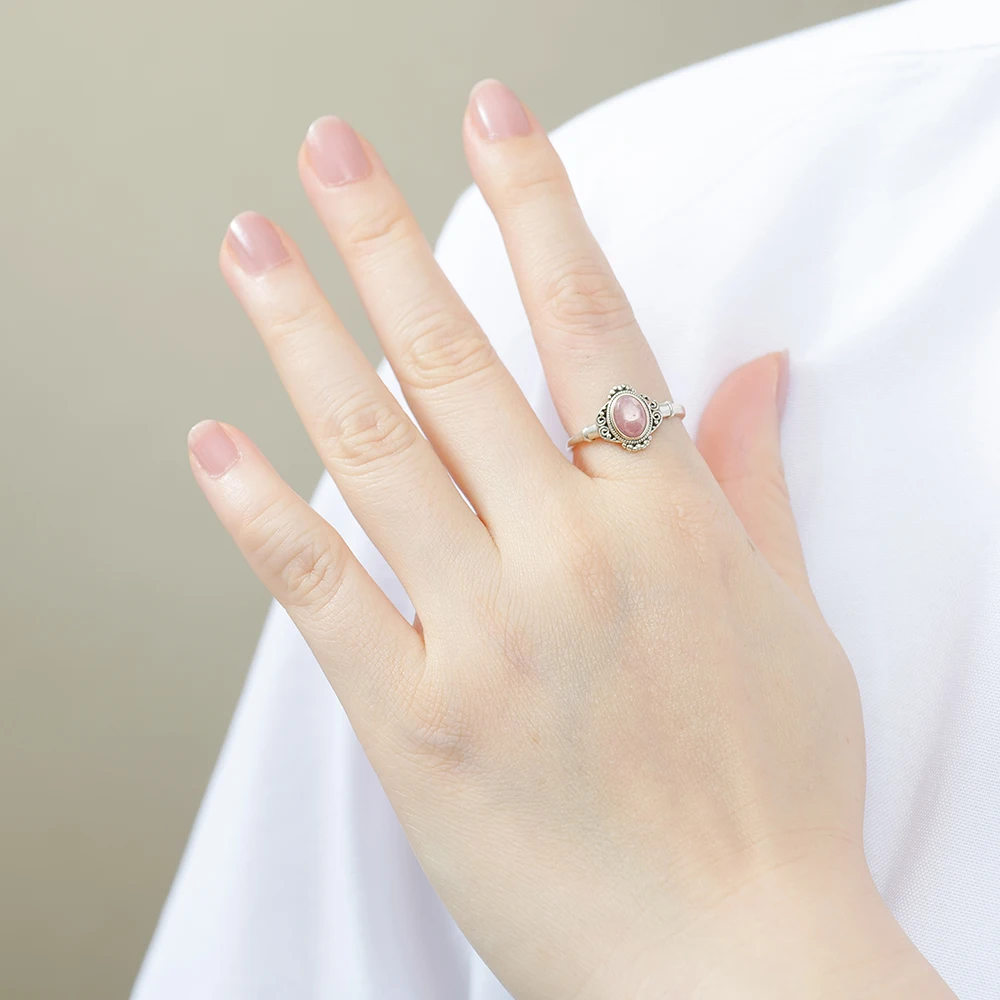 أصيلة S925 الفضة الرودوكروسيت خاتم الطبيعية الوردي الأحجار الكريمة أنيقة الأزهار تصميم البوهيمي المجوهرات هدية