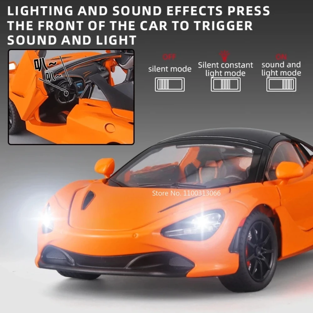 Modelos de coches de aleación a escala 1:24 720S, modelo de fundición a presión, sonido ligero de alta simulación, vehículos extraíbles, juguetes, regalos de colección para niños