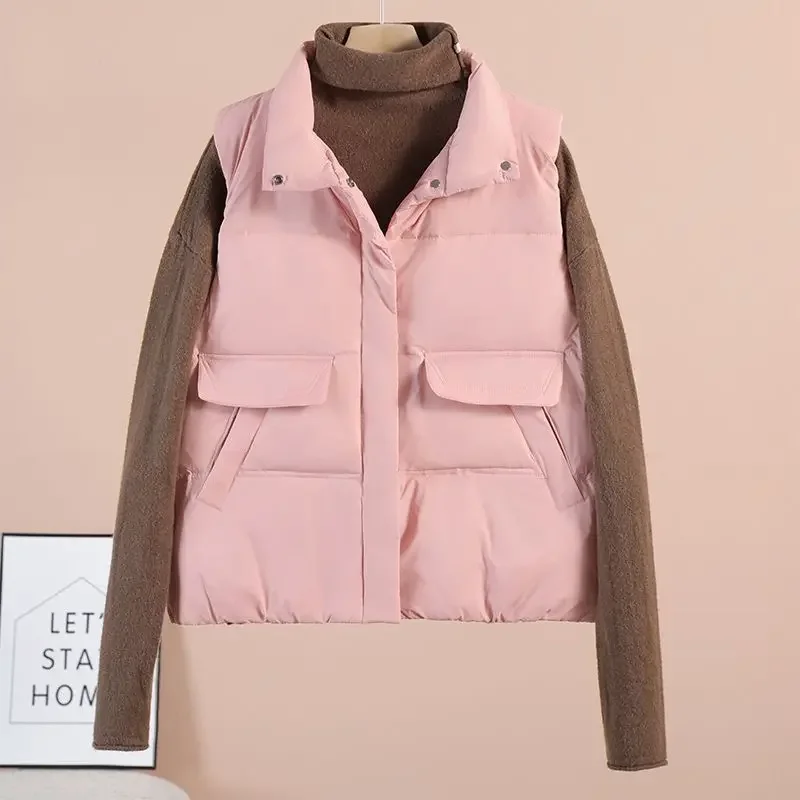ポップ女性ベストカジュアル女性ノースリーブ秋冬チョッキ厚いショートベストコートポケット暖かいノースリーブジャケット女性のための