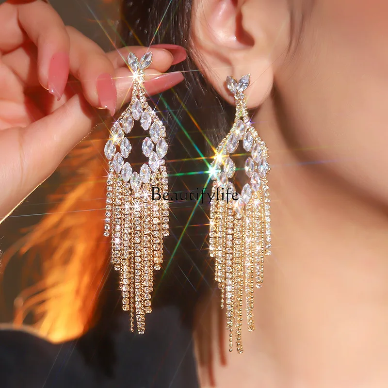 

European and American style exaggerated full diamond geometric horse eye zircon long fringed earrings pentagram earrings