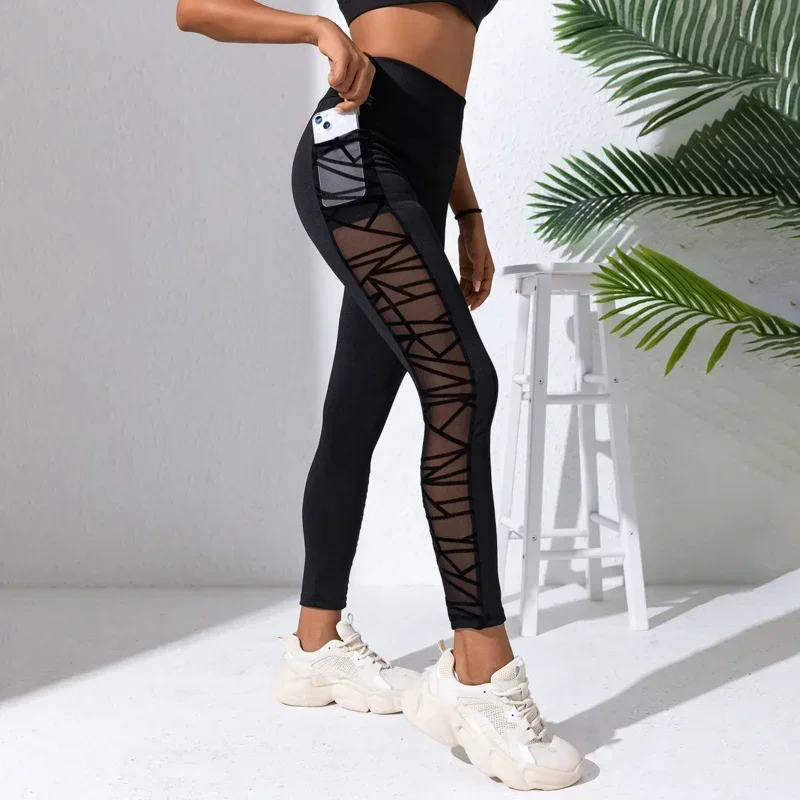 Ubrania do jogi Legging Damskie siatkowe rajstopy sportowe Plus Size Czarne spodnie Fitness Legginsy Push Up Odzież treningowa Odzież sportowa Kobieta Siłownia
