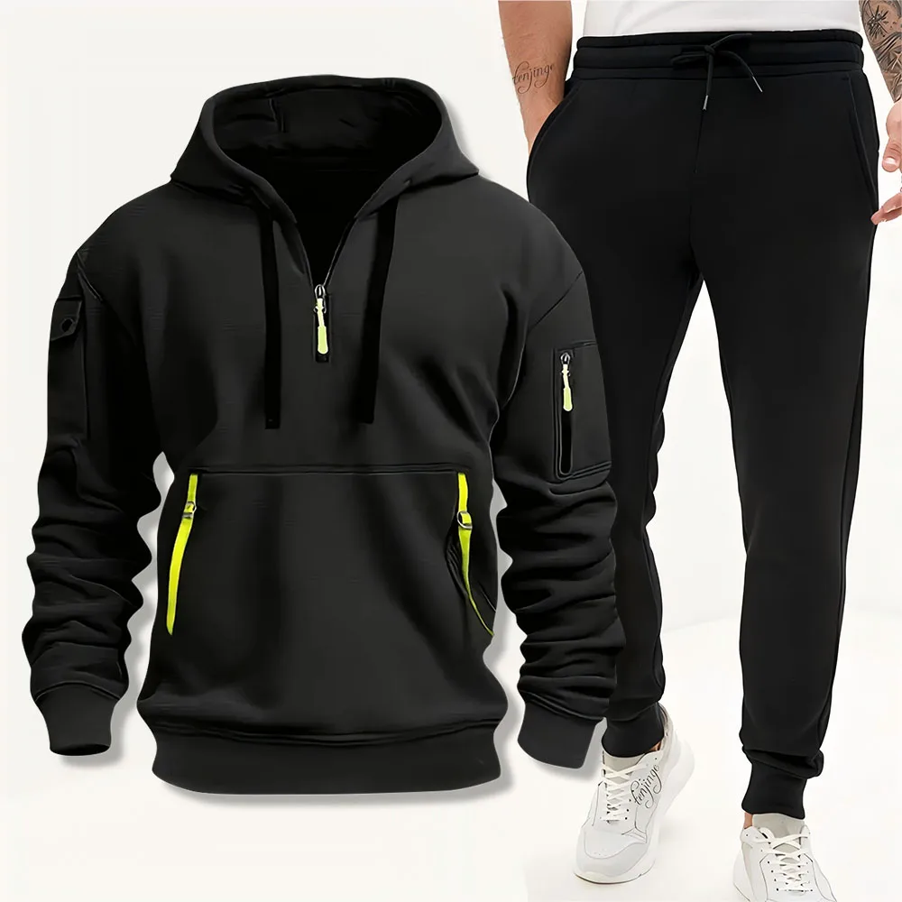 Cross Border Popular Men's Autumn Winter New Collection with Plush Multi Pocket Zipper Hoodie Set Personalized Casual Hooded