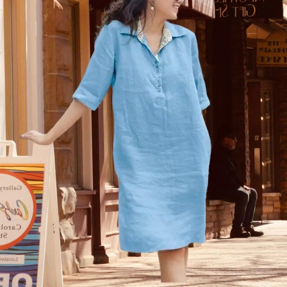 

Retro Texture Solid Color Loose Dress Buttons Neckline Half Sleeve V-neck Lapel Shirt Dress Party Beach Female Midi Dress