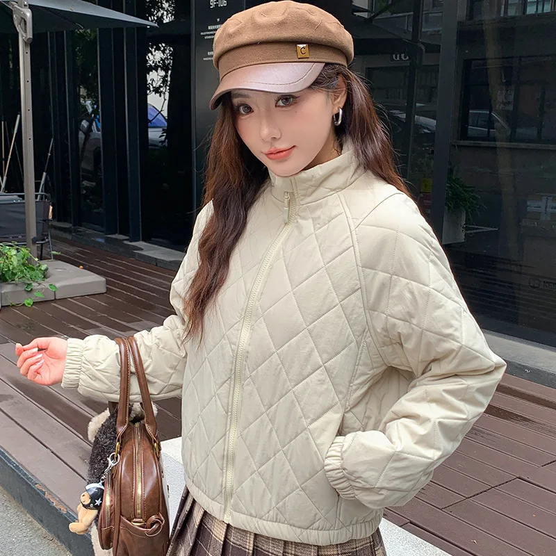 

2025 корейская зимняя куртка на молнии с воротником-стойкой, женская универсальная уличная укороченная парка, легкое повседневное пуховое хлопковое пальто