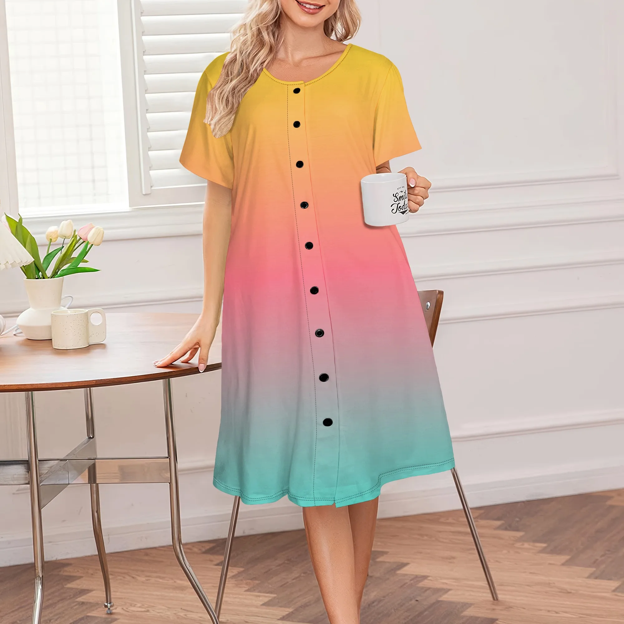 

Women's Summer Dress Ombre Print Round Neck Button Loose Breathable Midi Skirt for Office Casual Friday Beach Weekend