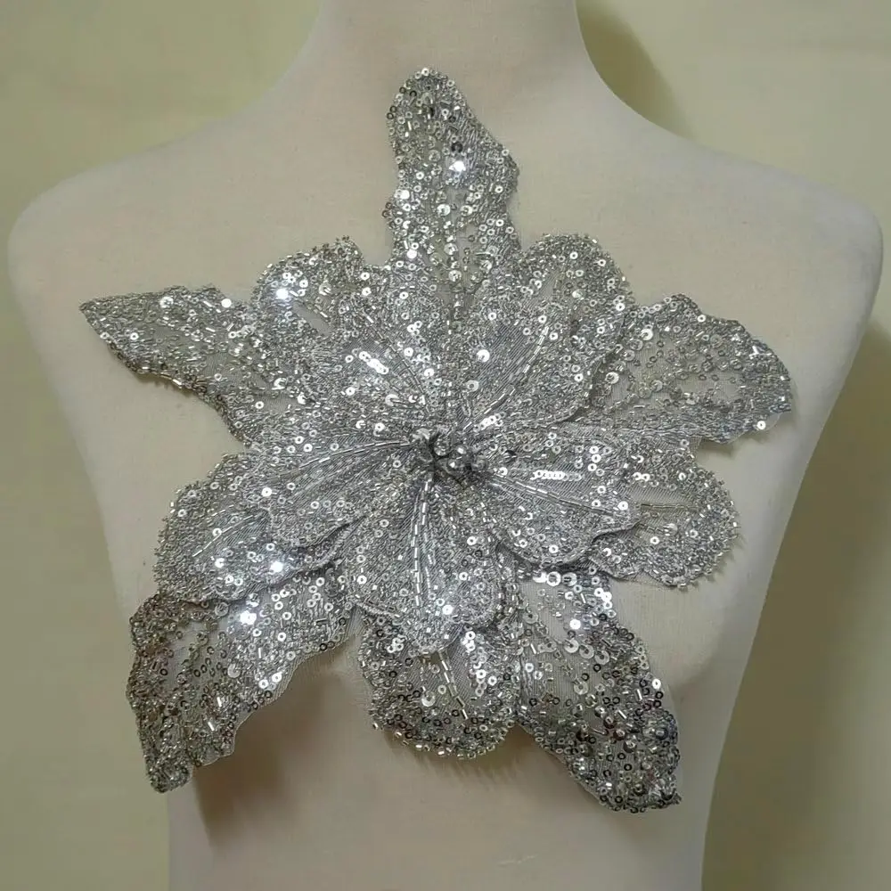 Golden Silver Sparkling Rhinestone Flowers Patch Coats Accessories Wedding Dress DIY Repair