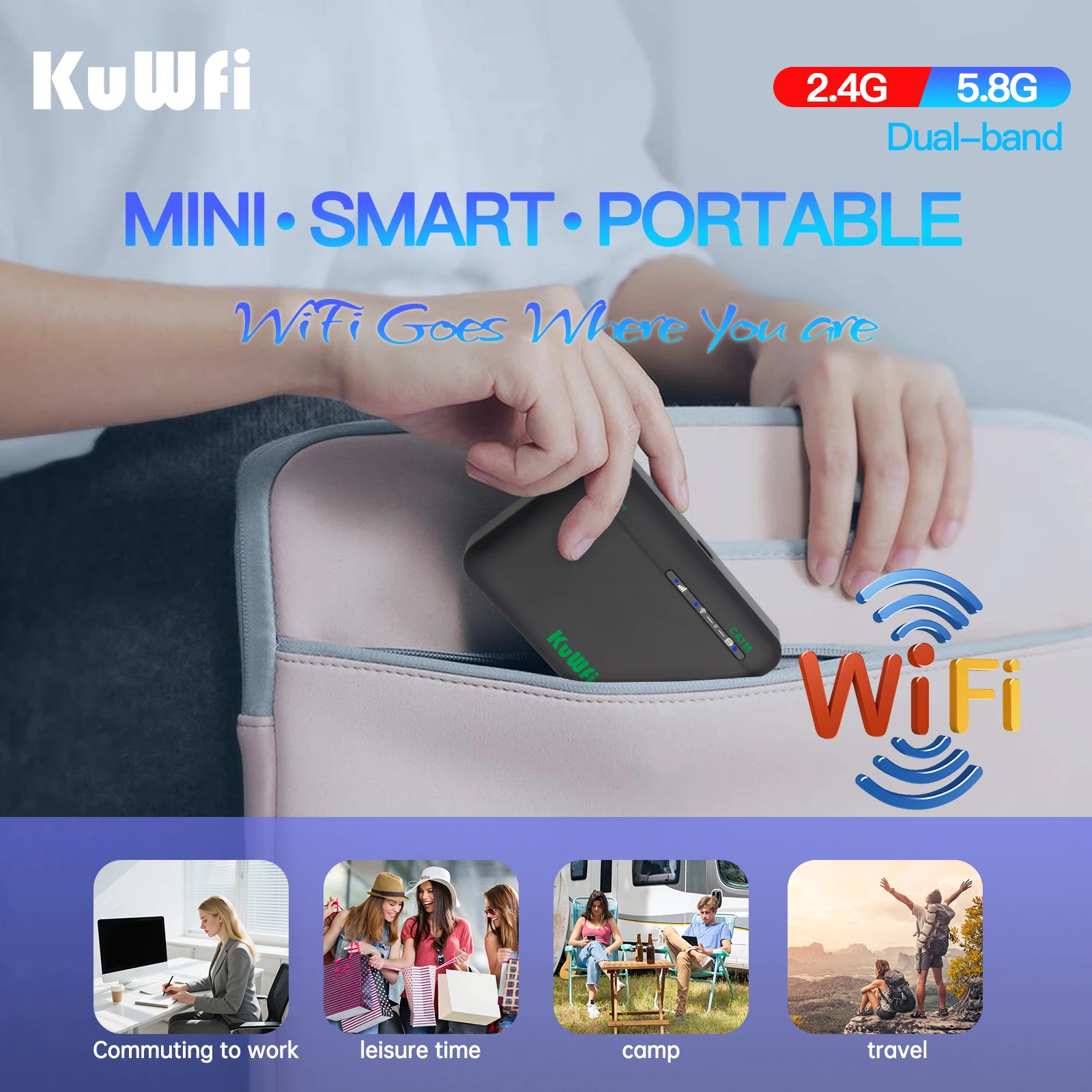 KuWFi CAT6 4G + راوتر السفر 1200Mbps 2.4G 5G ثنائي النطاق معدل WiFi المحمولة 4G LTE مودم 2200mAh بطارية USIM فتحة 64 مستخدم VPN