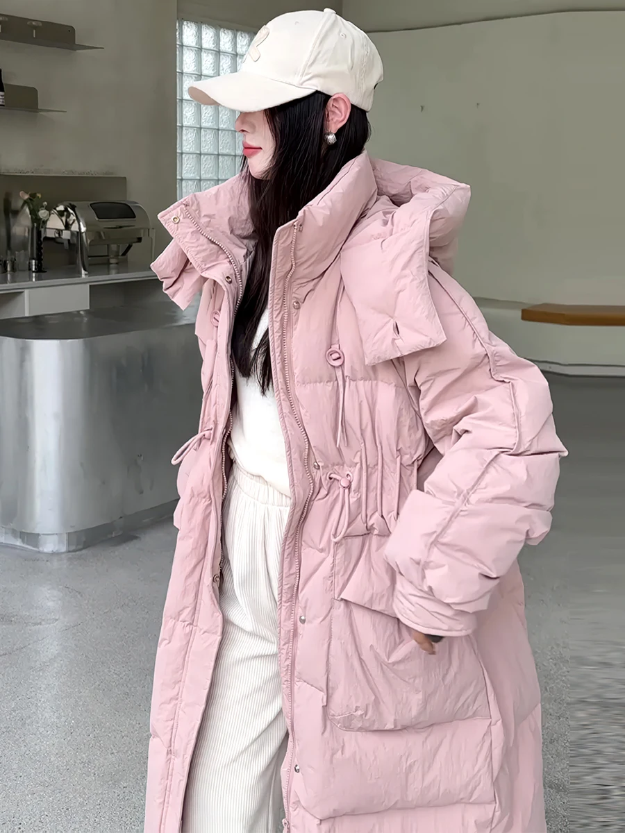 Thiened 겨울 화이트 다운 푸퍼 재킷 여성용 롱 코트 후드 브레드 스타일 패셔너블 출퇴근용 겨울 2024