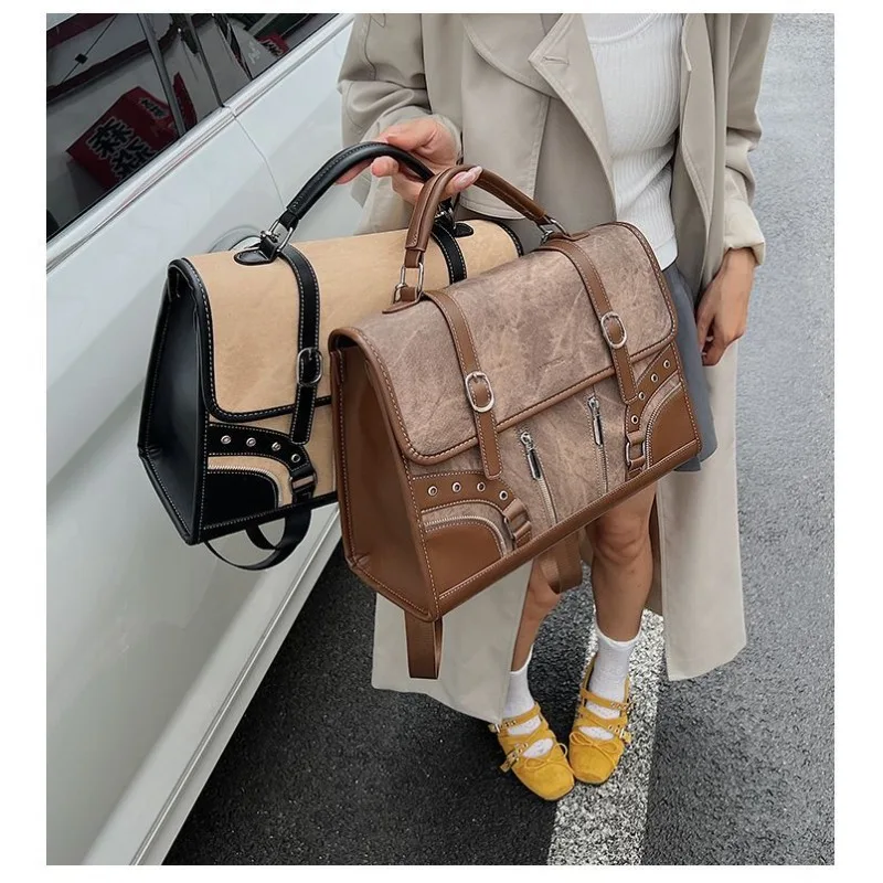 Retro Multi-functional Backpack, New Popular Contrasting Color Shoulder Bag Women's Going Out Niche Temperament Handbag Simple