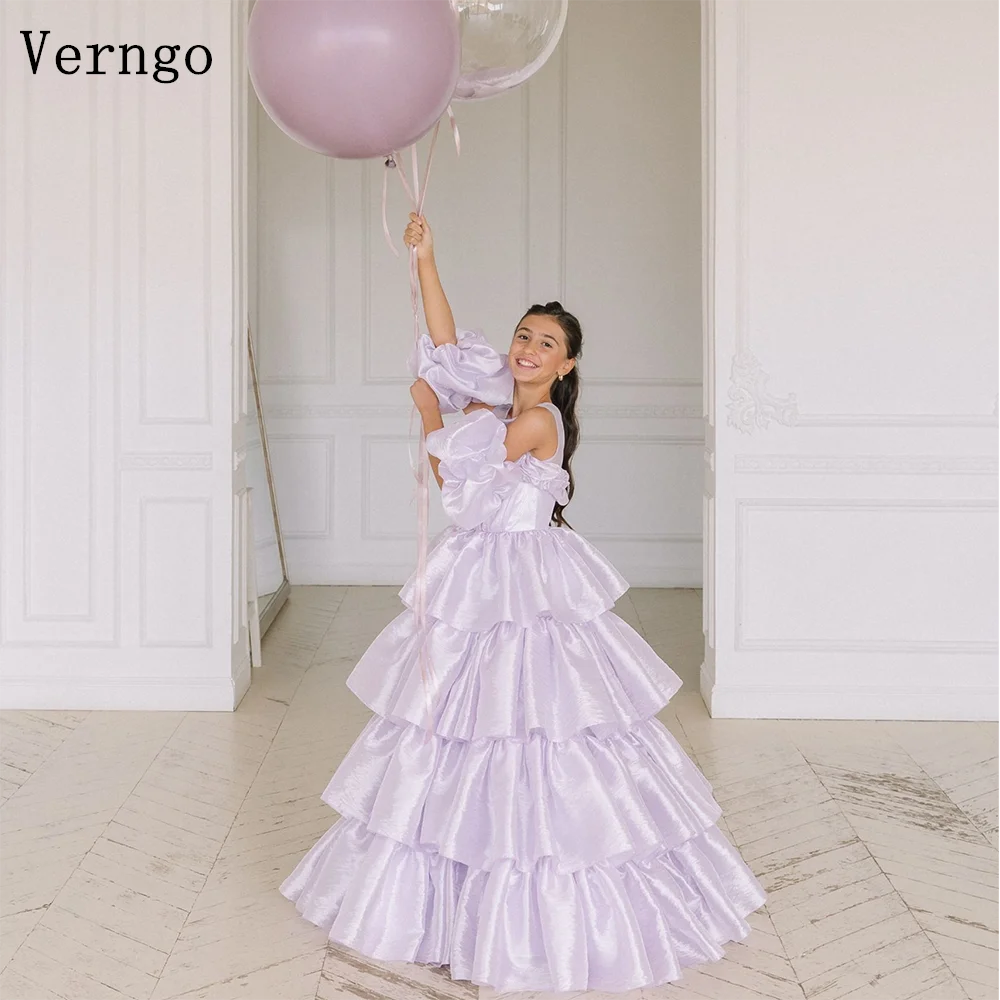 

Verngo Lavender Satin Birthday Party Dress Tiered A Line Princess Girl Flowers Dresses kid Party Prom Gowns Customized