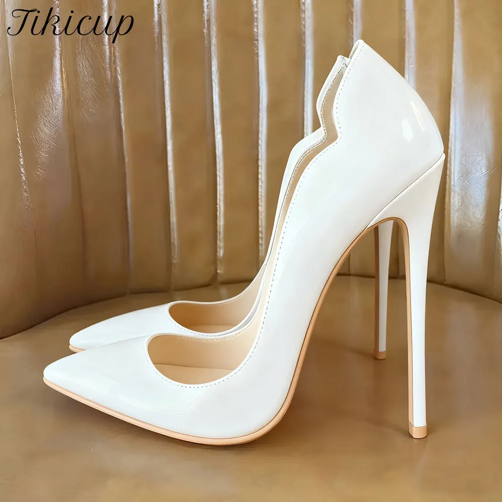 Tikicup Side V Cut mujeres Blanco sólido charol puntiagudo tacón alto zapatos de vestir de moda 8cm 10cm 12cm señoras Slip On Stiletto bombas