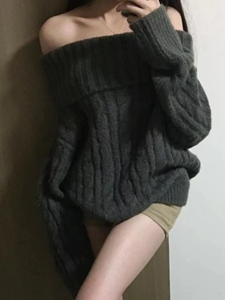 French Design Grey Off Shoulder Knitted Sweater Women Oversized Chic Solid Outerwear Y2k Tops Fashion Korean Popular Clothes New