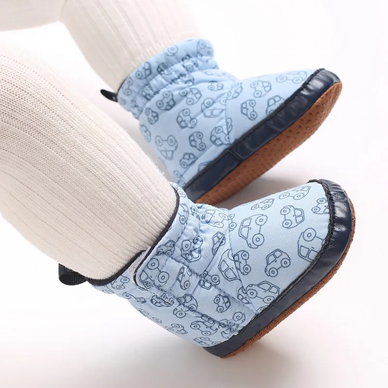 RUEWEY 0 to 18 Months Baby Bootie Fashion Car Print Socks Slipper Winter Warm Infant First Walker Shoes with Gripper Soles