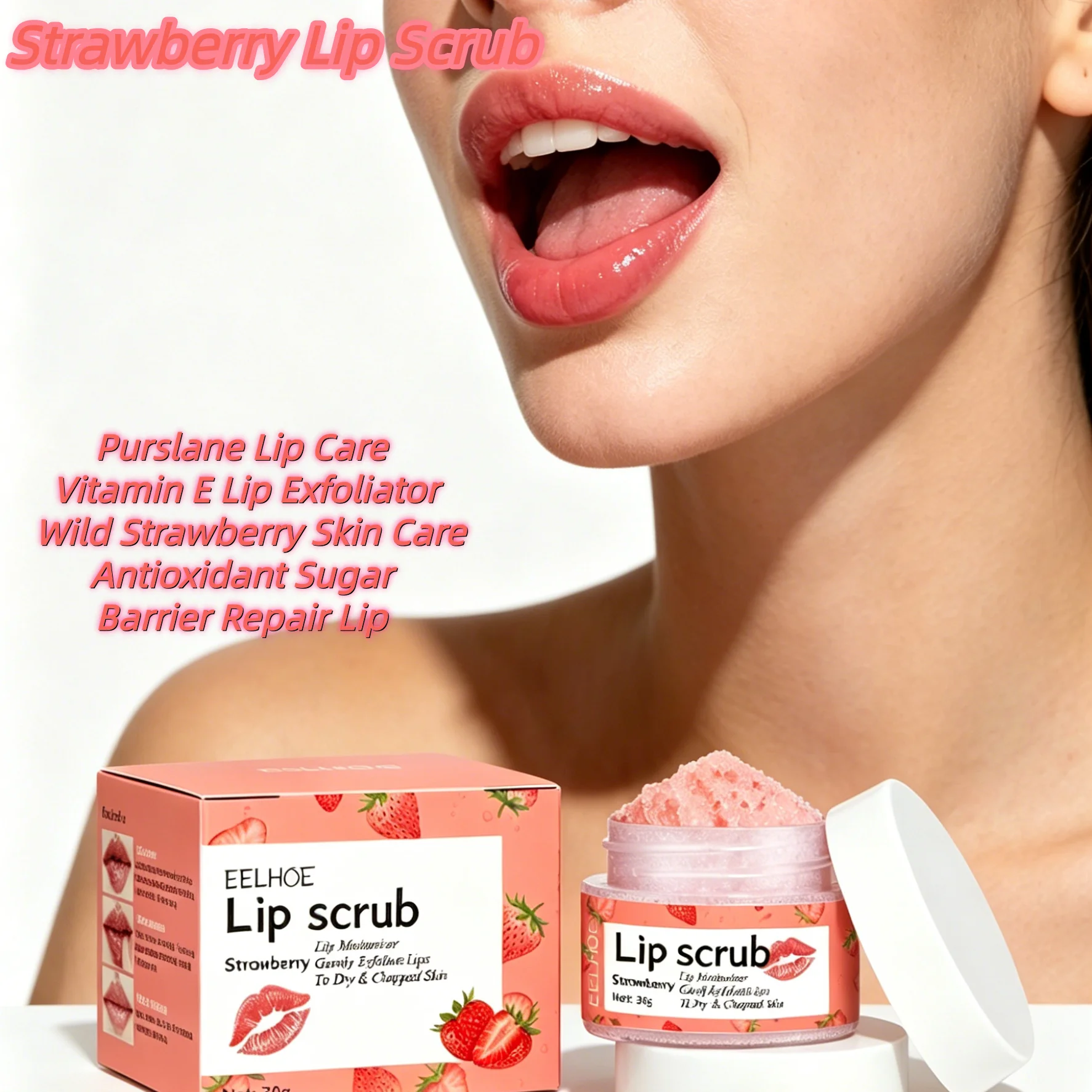 Strawberry Lip Repair Exfoliator Scrub-Wild Strawberry Brightening,Lip Barrier Defense,Purslane Extract Soothing,VE Repair&Gentle Berry Sugar Crystals