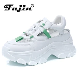 Fujin 7cm Genuine Leather Women Casual Shoes Summer Sneakers Hollow Breathable Fashion Sneakers Platform Shoes Wedge White